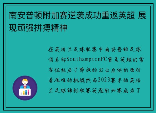 南安普顿附加赛逆袭成功重返英超 展现顽强拼搏精神 南安普顿附加赛逆袭成功重返英超 展现顽强拼搏精神